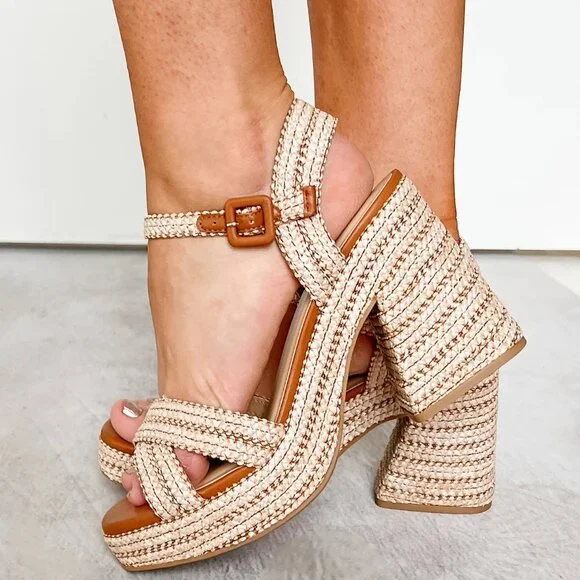 New Tan Raffia Espadrille Chunky Block Heel Platform Sandal Open Toe Ankle Strap - Picture 2 of 9